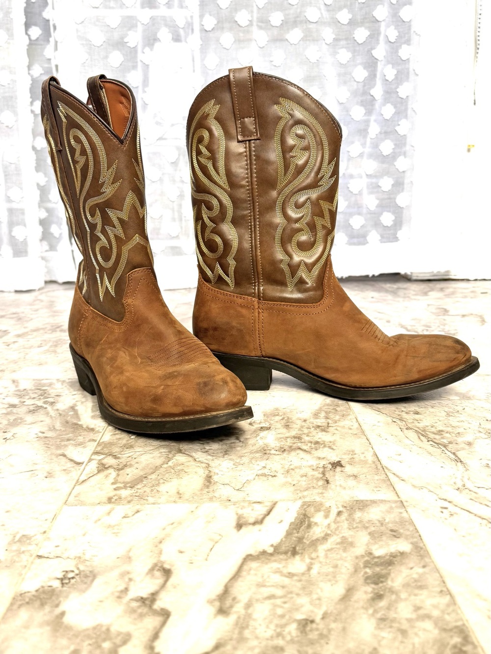 Men's Tan Western Cowboy Boots with Embroidered Shaft